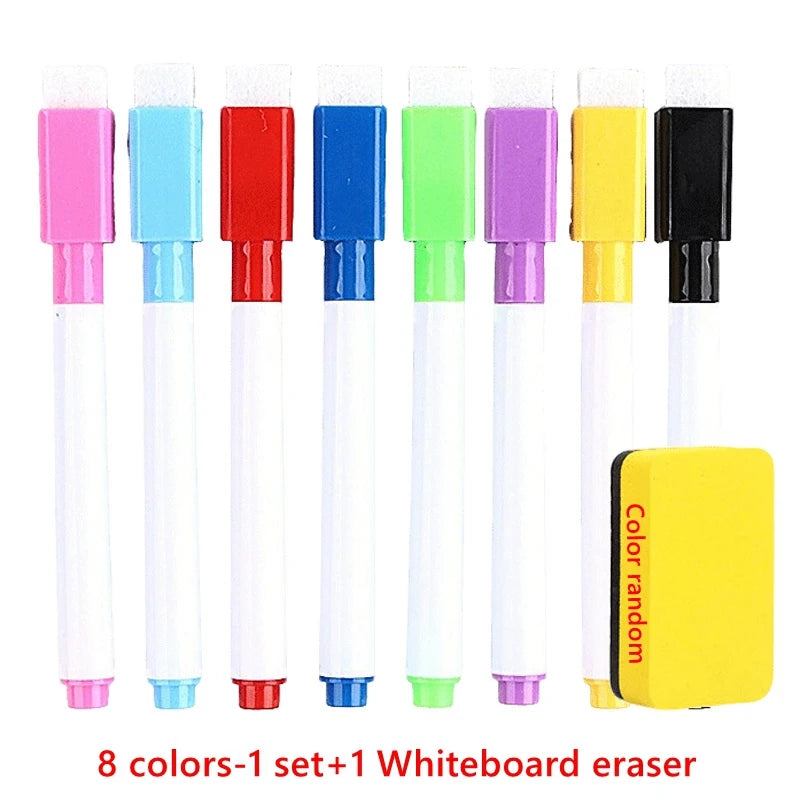 A set of eight colored dry erase markers and one whiteboard eraser displayed in a row.