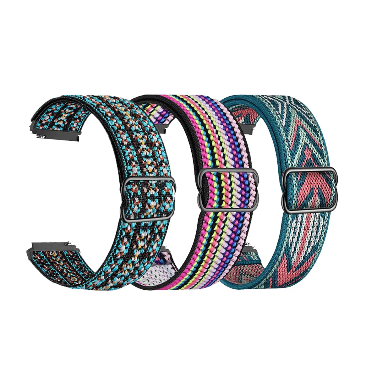 Three colorful elastic sports bands for Garmin watches displayed side by side.