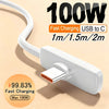 A white 100W fast charging USB to C cable is shown, highlighting its length options and charging capacity.