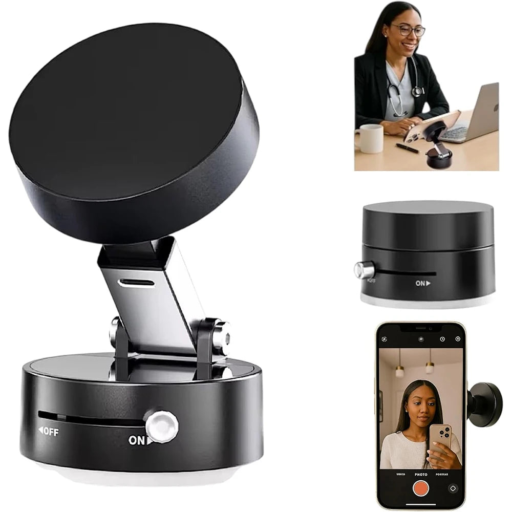 A black foldable magnetic phone holder device shown with a woman using it on a desk and in a hand.