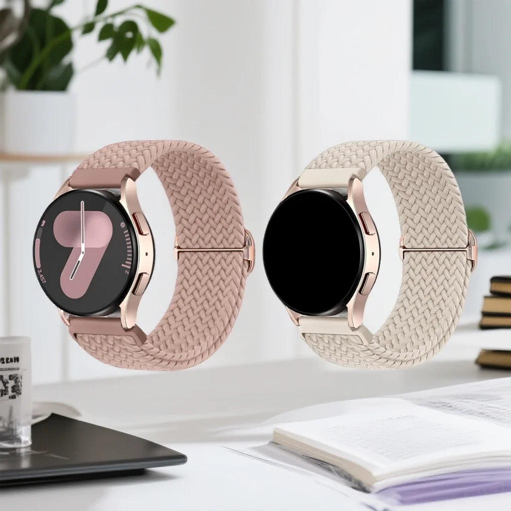 A close-up of a rose gold braided loop watch band for a Garmin device, shown next to the watch.
