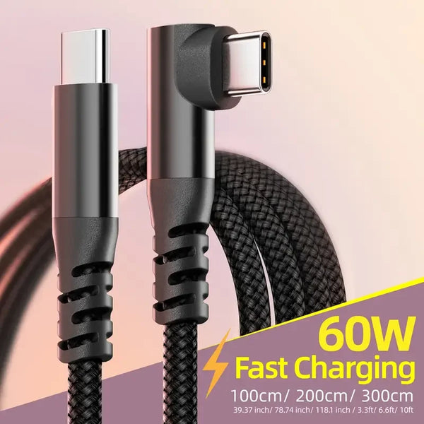 A close-up view of a black braided USB-C charging cable with connectors, showing its texture and length options.
