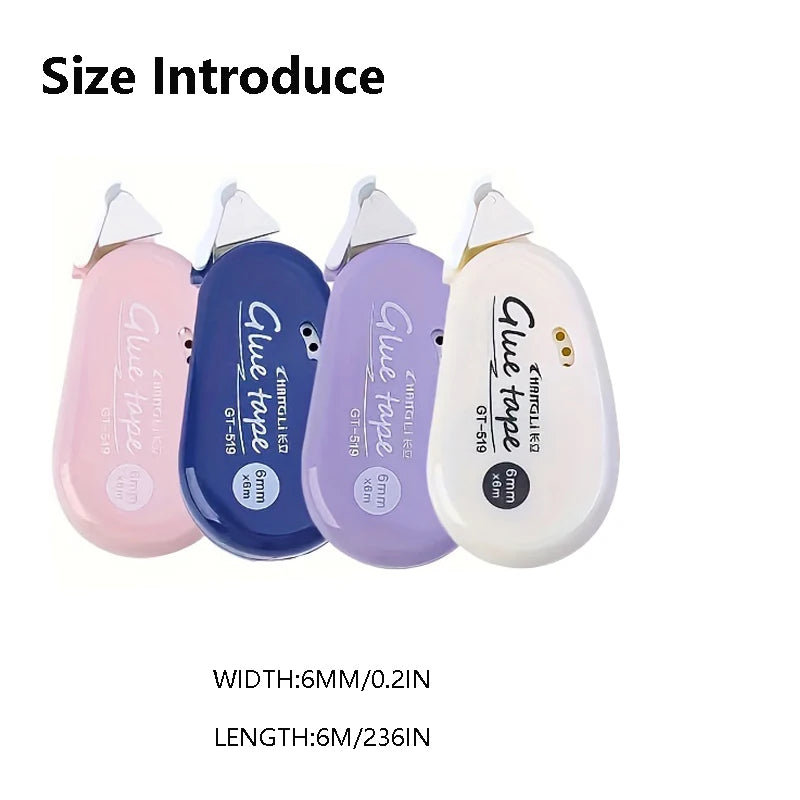 Drei doppelseitige Klebefolien in rosa, blau und lila mit angegebenen Maßen.