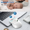 A white wireless mouse is shown next to a laptop, with a baby sleeping nearby.
