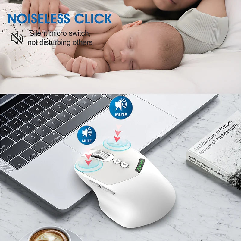 A white wireless mouse is shown next to a laptop, with a baby sleeping nearby.