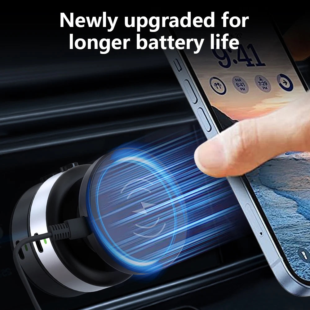 A hand holds a smartphone near a magnetic wireless car phone charger, highlighting an upgrade for longer battery life.