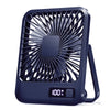 A dark blue portable USB rechargeable desk fan with a protective grille and handle.