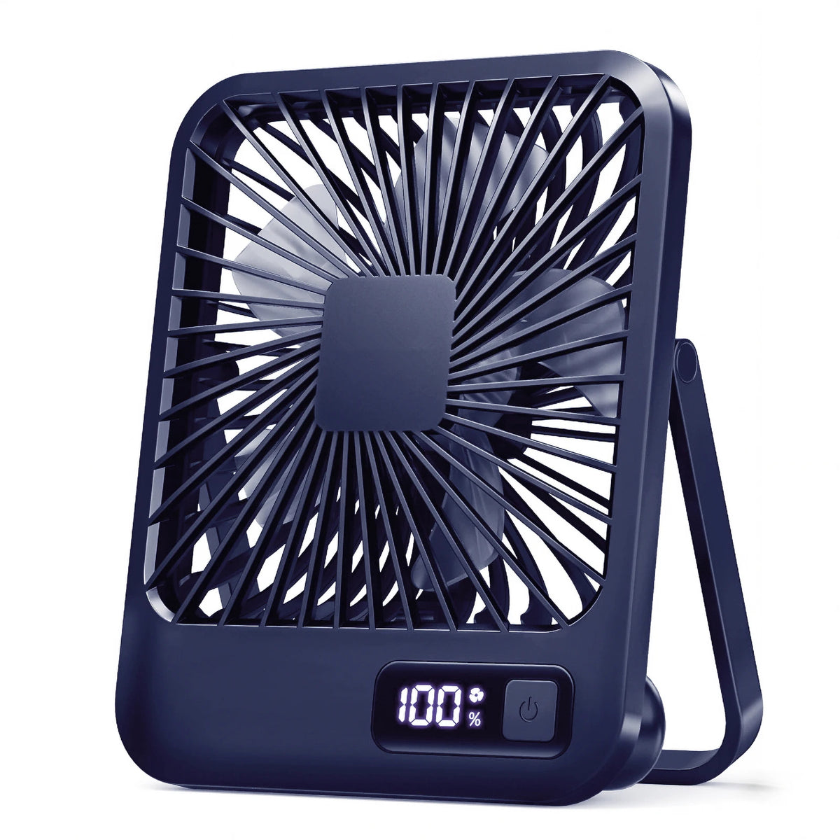 A dark blue portable USB rechargeable desk fan with a protective grille and handle.