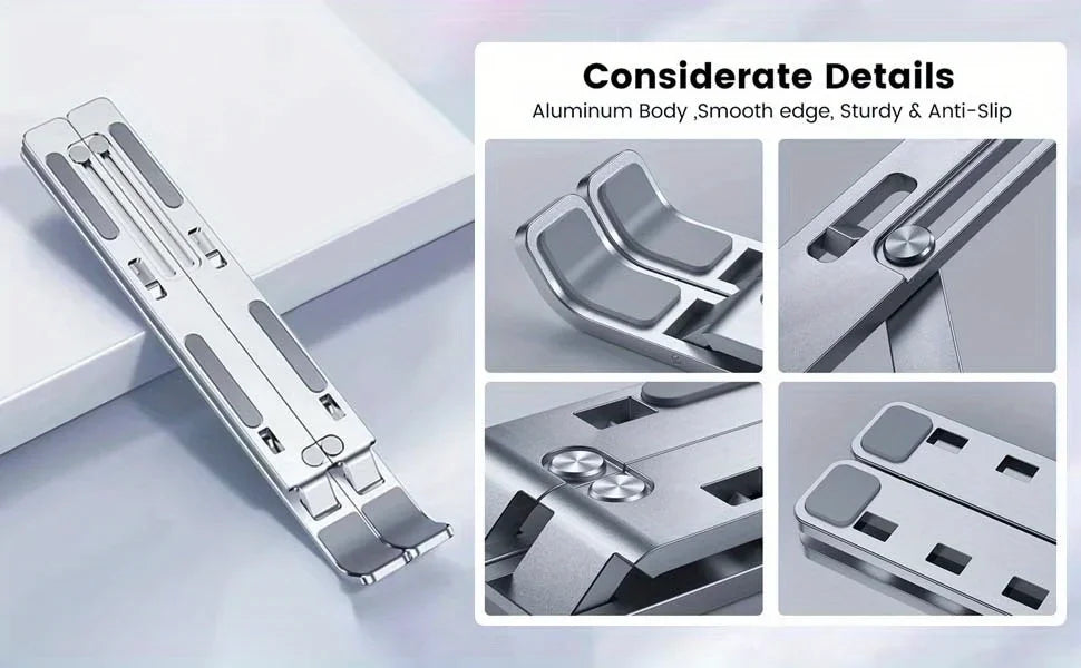 Close-up view of an adjustable aluminum laptop stand showing its smooth edge and anti-slip features.