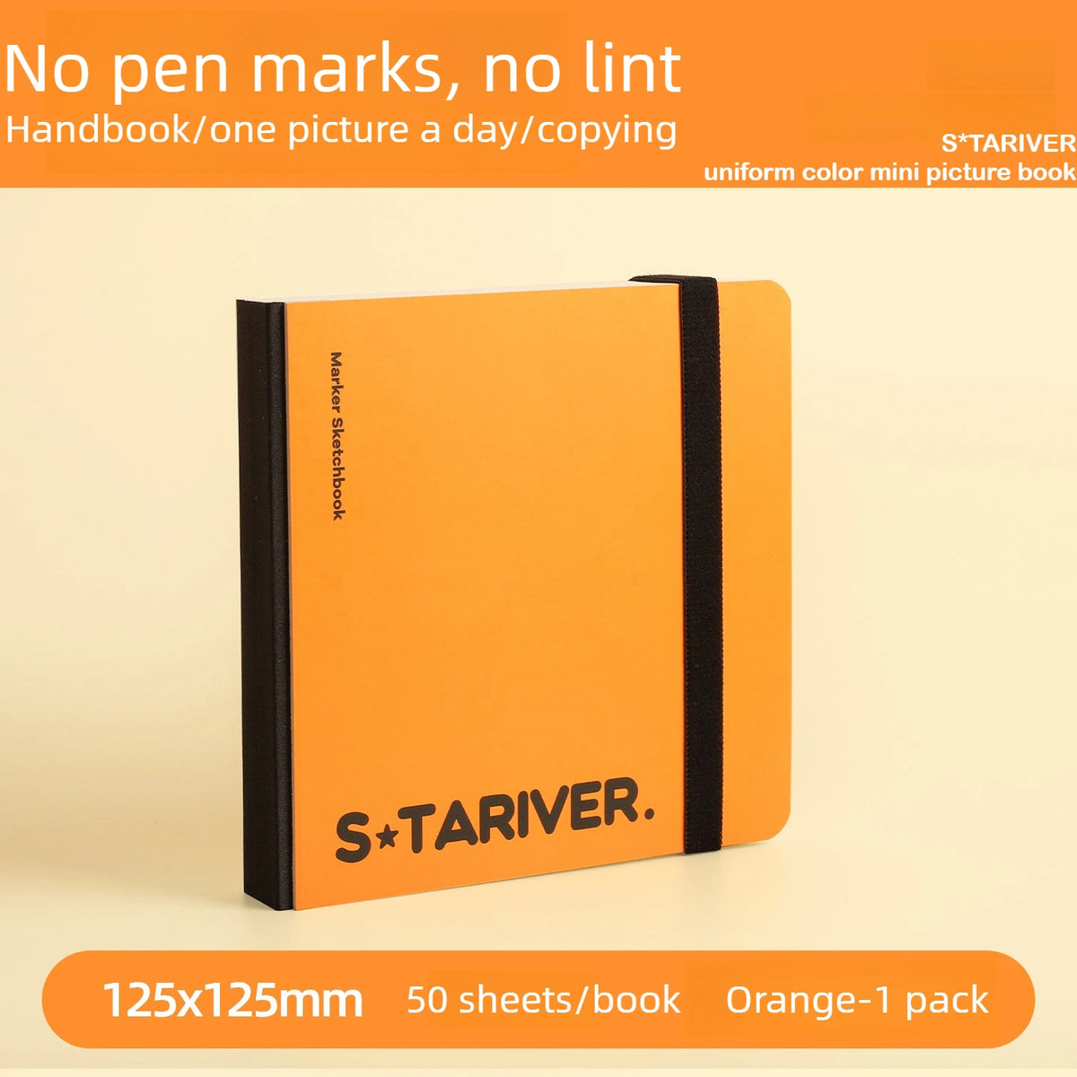 An orange sketchbook titled S*TARIVER with a black spine and black band, shown on a light background.