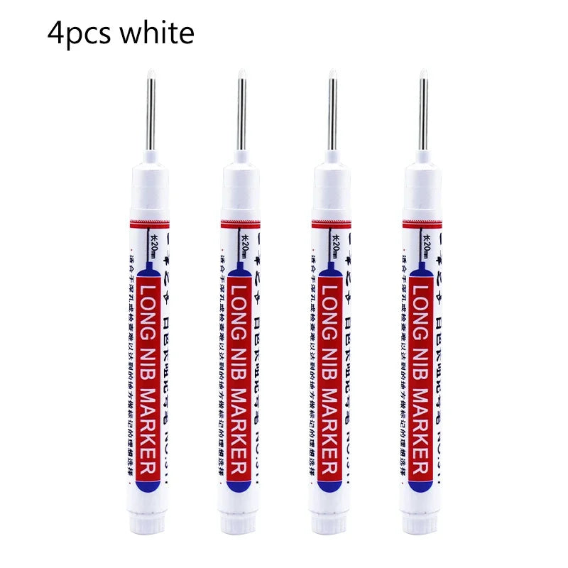 Four white long nib marker pens for deep hole marking on metal and wood.