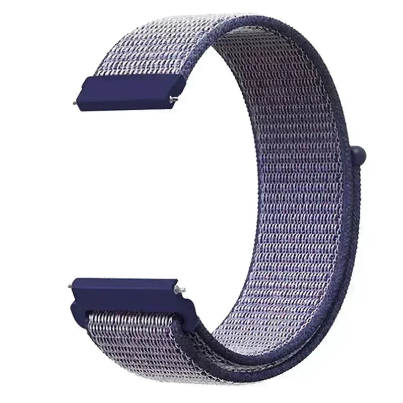A close-up view of a purple nylon loop watch strap for a kids' watch.