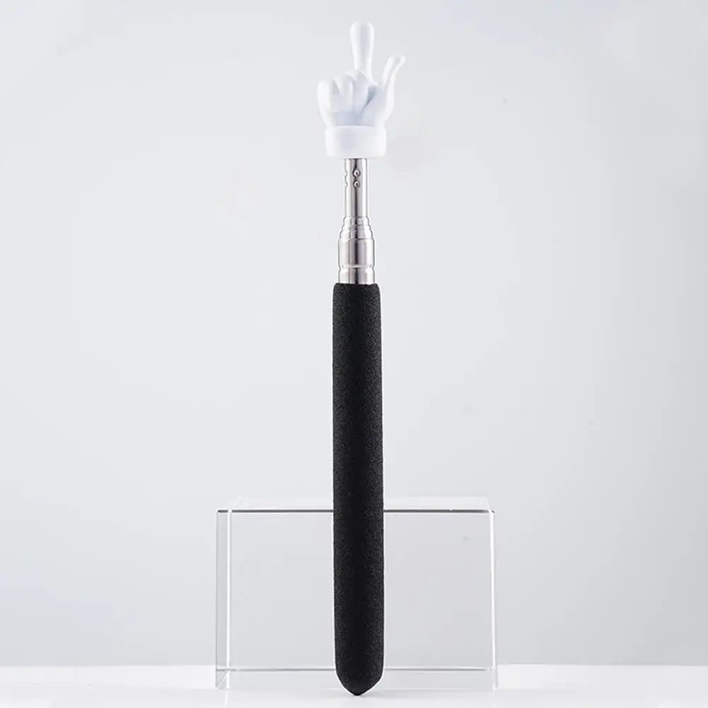 A black retractable hand pointer stick with a white hand, displayed on a clear acrylic stand.