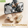 HTC AI-powered translator earbuds shown next to a smartphone displaying an immersive combat scene.