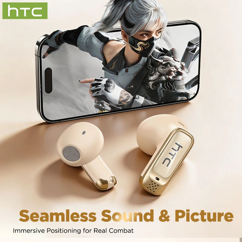 HTC AI-powered translator earbuds shown next to a smartphone displaying an immersive combat scene.