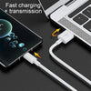 A white USB-C fast charging cable is shown connecting a smartphone to a laptop, highlighting fast charging and transmission.