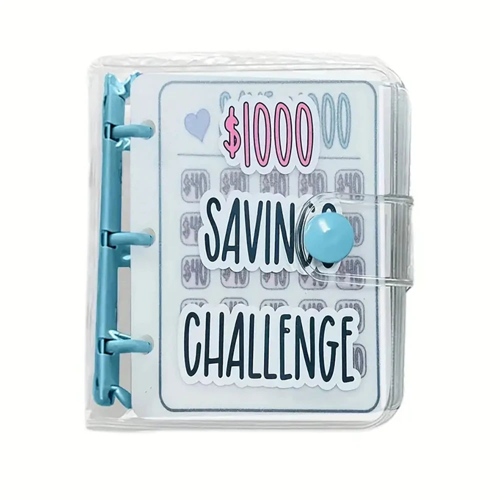 A clear plastic binder featuring a savings challenge theme with the text $1000 SAVING CHALLENGE