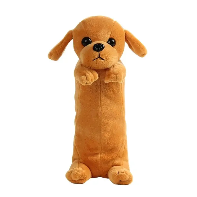 An adorable, tan plush dog toy designed as a pencil case with a smooth zipper.