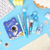 A blue and white cartoon school stationery kit featuring a notebook, pens, and various colorful tools on a light blue backgro