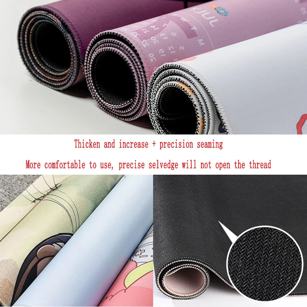 Rolls of thick, precision seamed rubber desk mat mousepads in various colors and textures