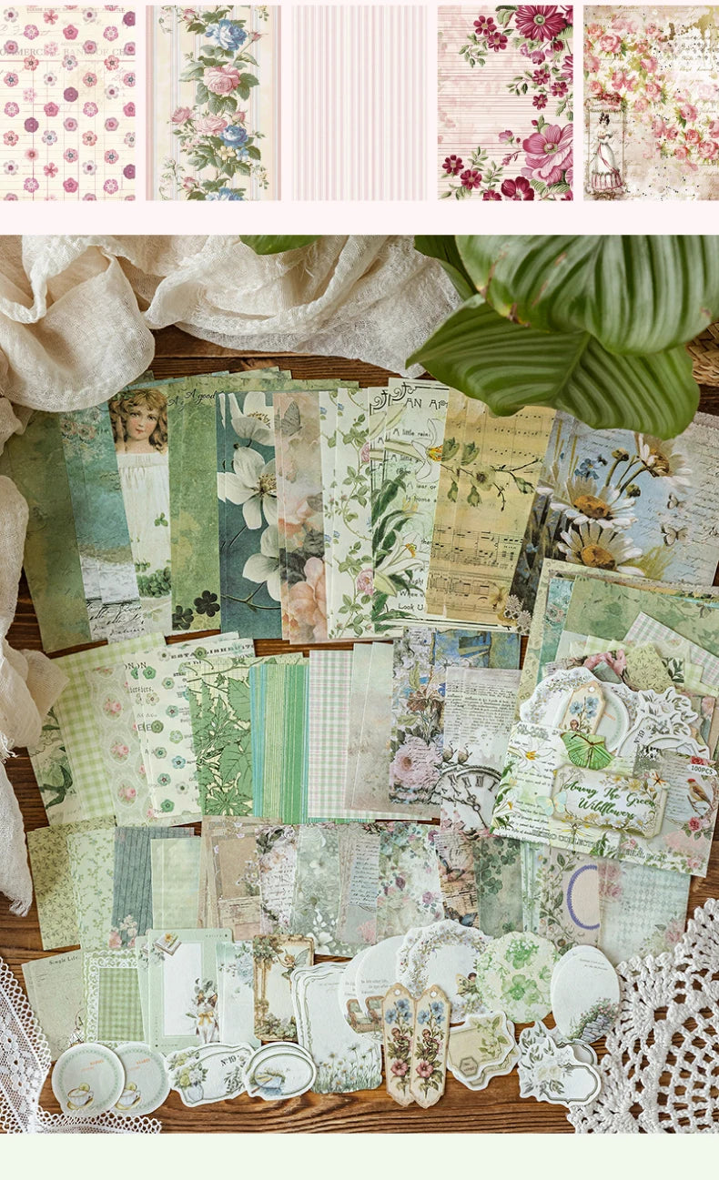 A collection of vintage floral and botanical paper, including patterned sheets, leaves, and decorative elements for scrapbook