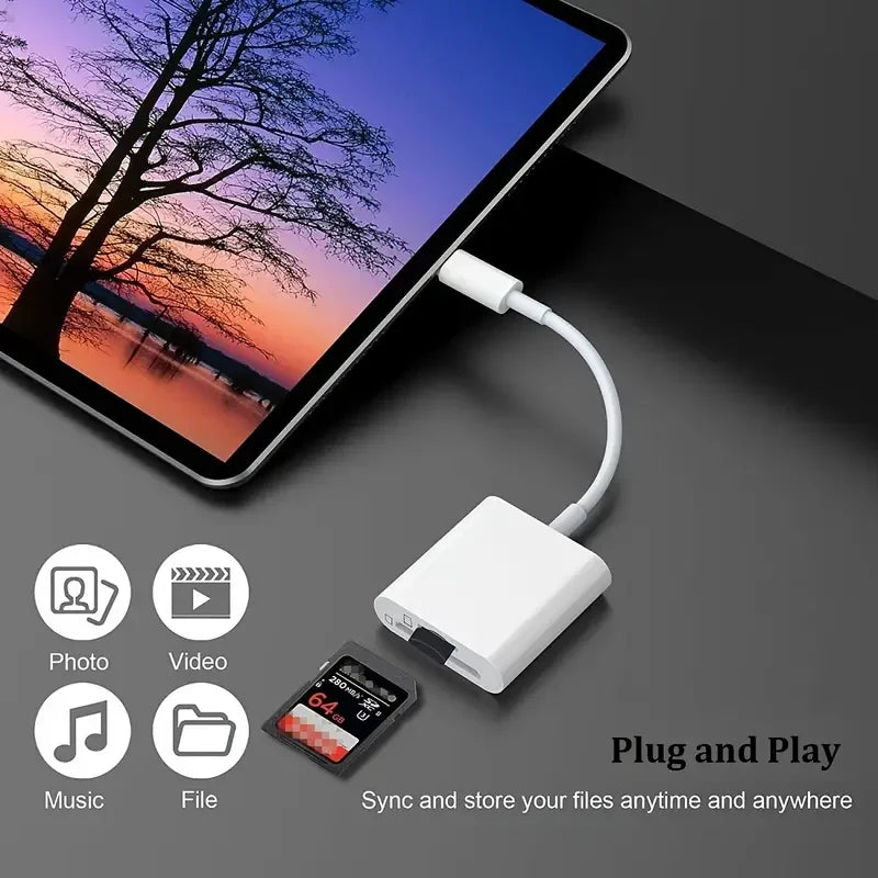 A white Type-C to SD/TF memory card adapter plugged into a tablet displaying a sunset scene.