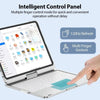 A hand is using a backlit 360° rotatable multi-touch keyboard case for an iPad to interact with a control panel interface.