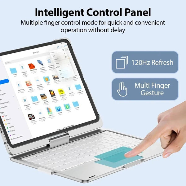 A hand is using a backlit 360° rotatable multi-touch keyboard case for an iPad to interact with a control panel interface.