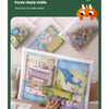 A hand holds a clear mesh bag filled with colorful puzzle pieces and small toys, demonstrating the visibility of the puzzle.
