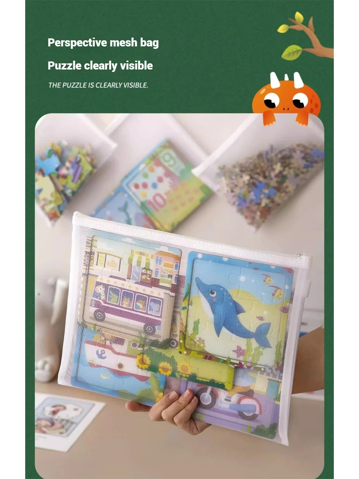 A hand holds a clear mesh bag filled with colorful puzzle pieces and small toys, demonstrating the visibility of the puzzle.