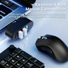 A black keyboard, mouse, and USB hub are shown together for wireless and wired connection.