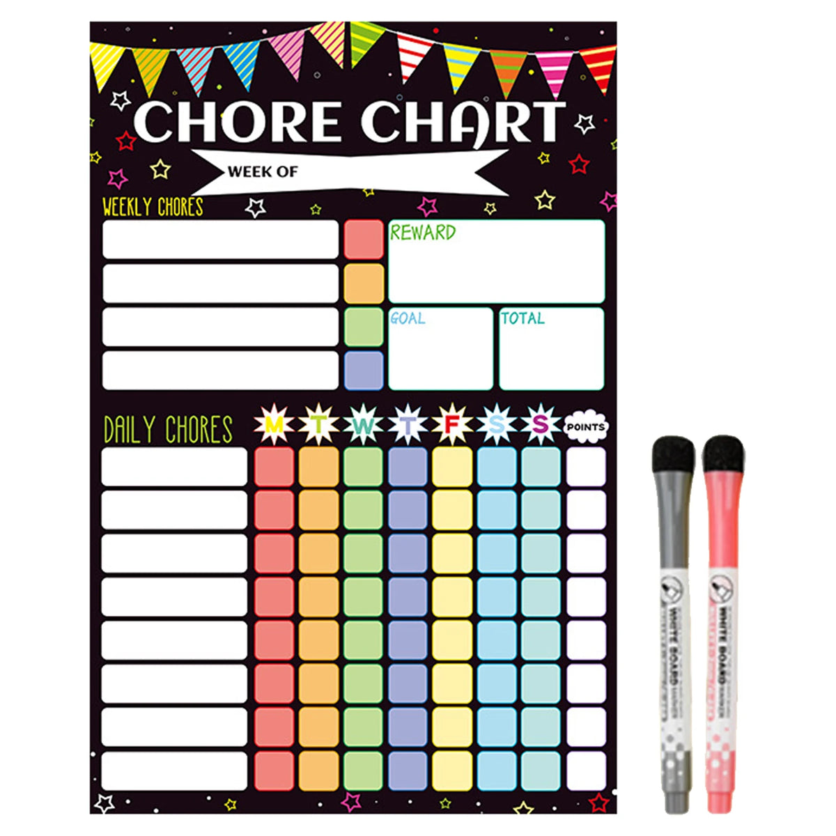A black and yellow magnetic weekly chore chart for kids with daily chore slots and a reward section.