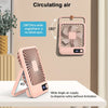 A pink portable desk fan is shown with a 45-degree angle, demonstrating wide angle air supply for dispersing sultry air.