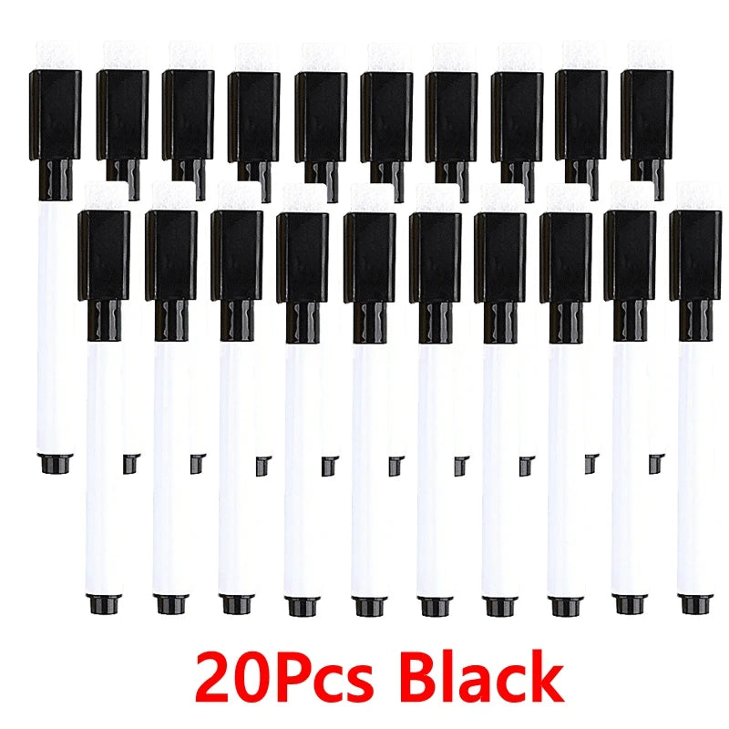 A set of twenty black dry erase markers with magnetic erasers.