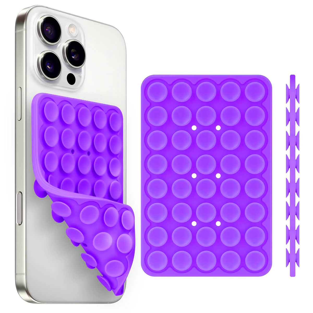 A silver smartphone case with a purple silicone suction cup phone holder and an accessory