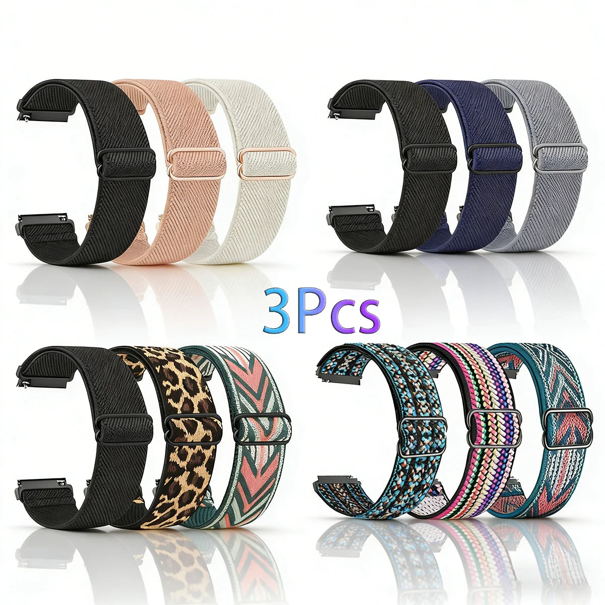 Three packs of adjustable elastic sports bands in various colors and patterns for Garmin watches