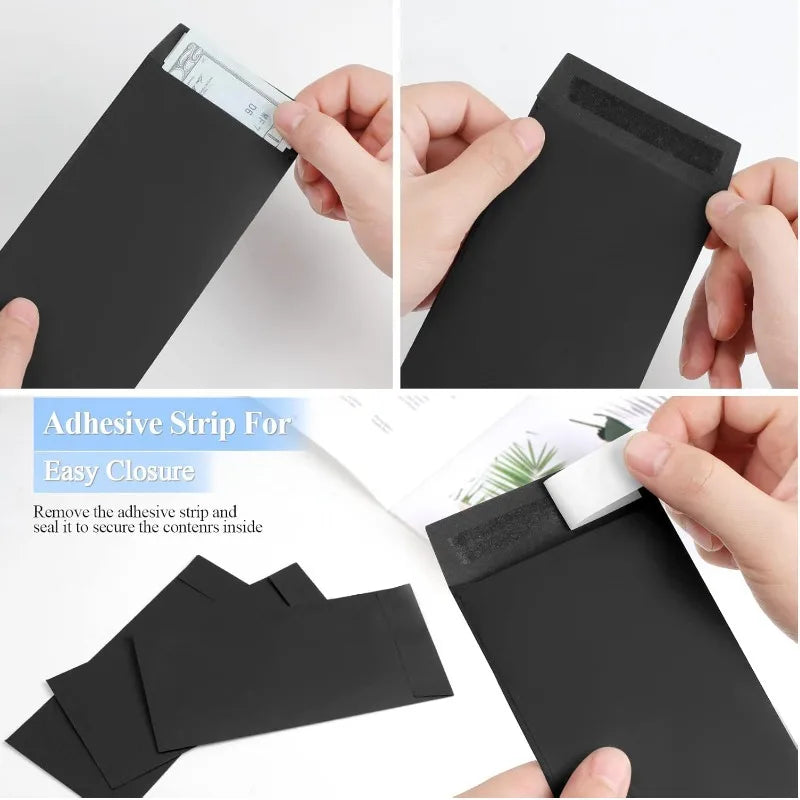 A set of black kraft envelopes with adhesive strips for easy closure and sealing documents.