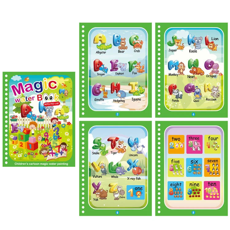 A set of eight pages of magic water drawing and coloring activities featuring various animals and numbers for children.