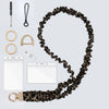 A close-up view of a stylish brown leopard print stretchy breakaway ID badge lanyard with a retractable reel and metal clip.