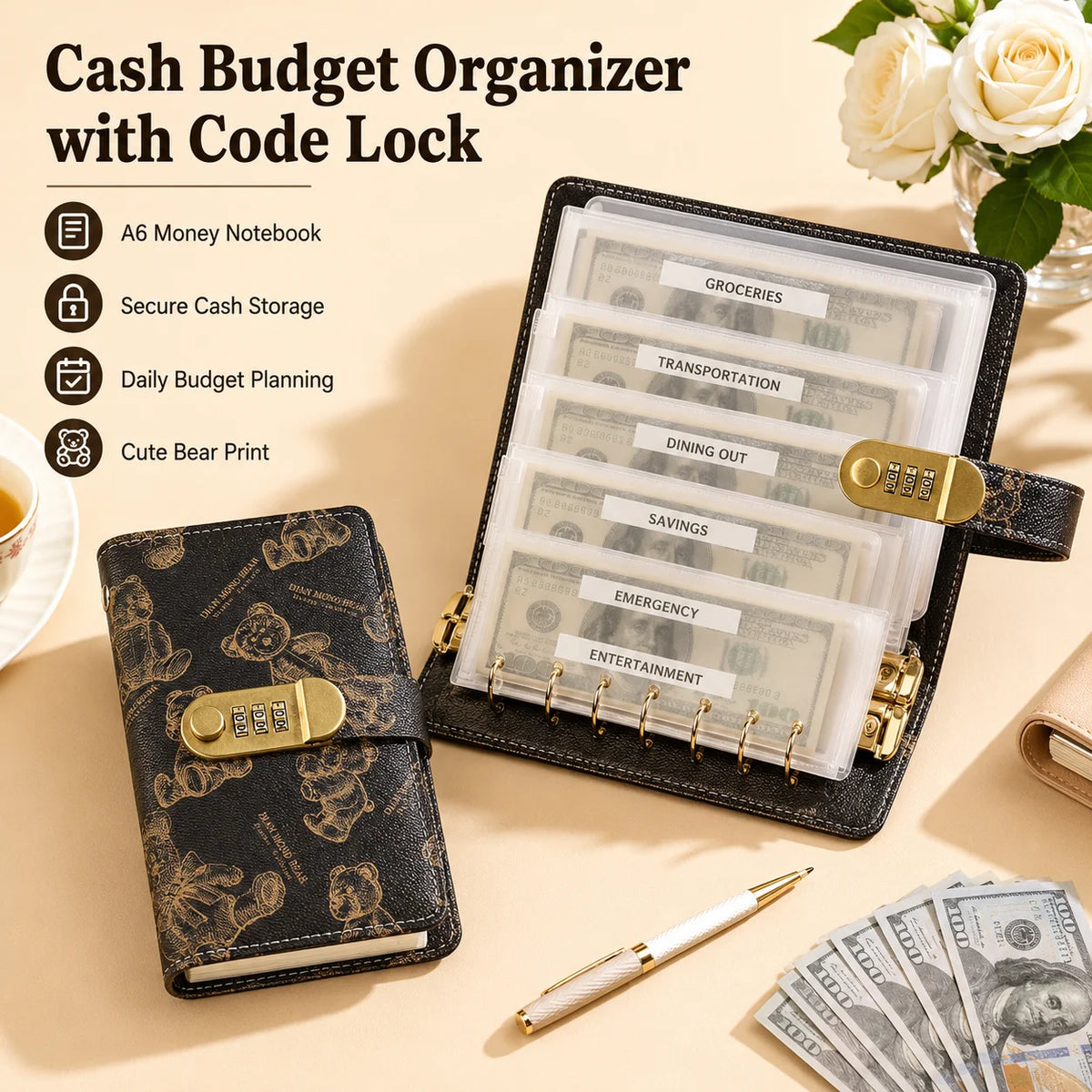 Organisateur de budget en cuir noir avec cadenas, contenant des liasses de monnaie américaine et un carnet.