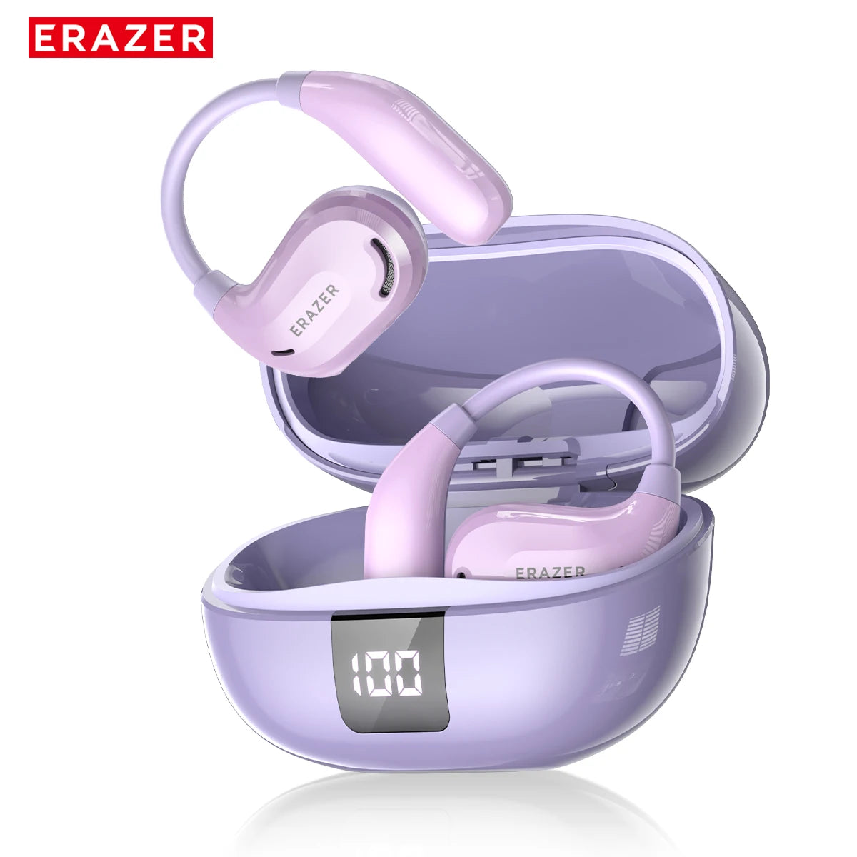 A purple AI translation Bluetooth earphone set with a charging case and headphones.