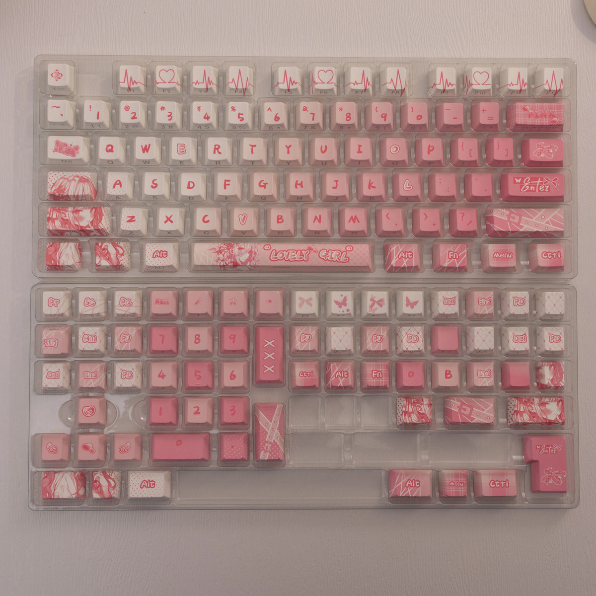 A translucent pink PBT keycap set for mechanical keyboards featuring an alphanumeric layout.