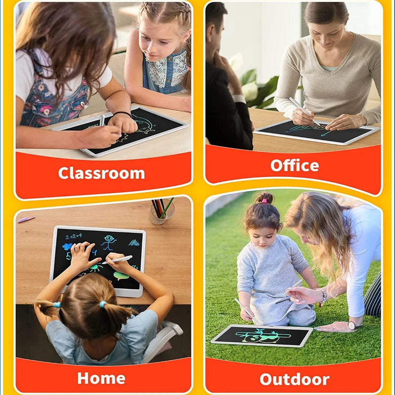 Four scenes showing children using an interactive LCD writing tablet in a classroom, home, and outdoor setting.