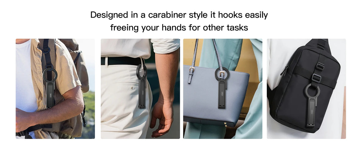 A black magnetic phone tripod stand with a carabiner hook shown in various contexts.