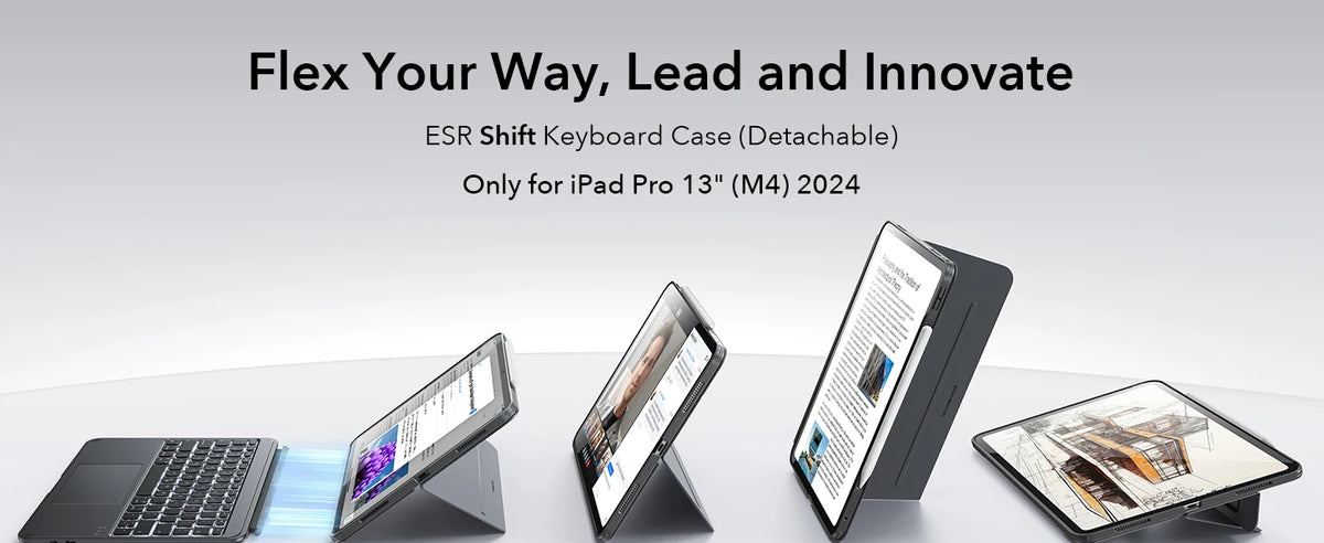 Estuche de teclado ESR Shift mostrado con varios modelos de iPad Pro, incluyendo una laptop y un iPad, demostrando su desmont