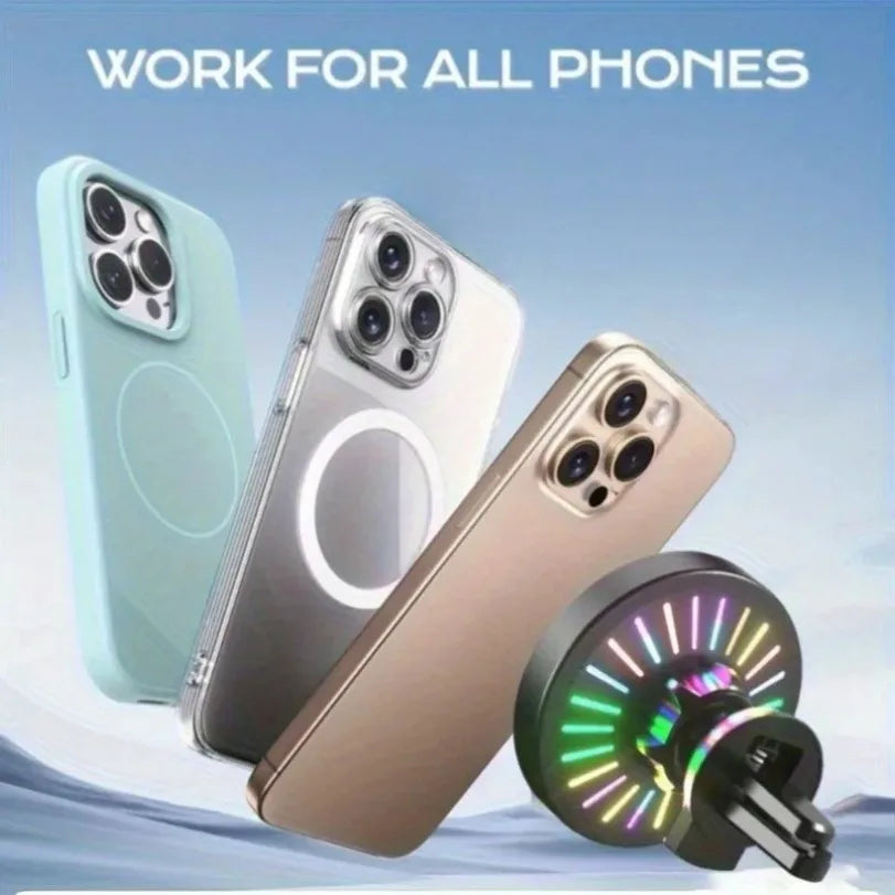 A magnetic wireless car charger with an RGB ambient light shown next to several smartphones.