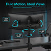 A heavy duty dual monitor desk mount with a fluid motion feature is shown mounted on a desk.