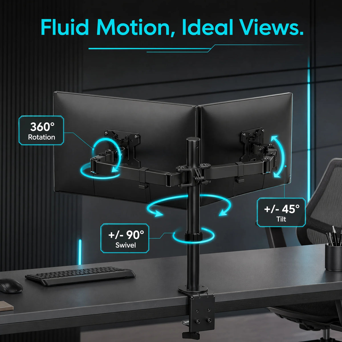 A heavy duty dual monitor desk mount with a fluid motion feature is shown mounted on a desk.
