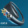 A close-up of a black CAT.8 Ethernet cable with a gold connector and a flexible wire sheath against a blue background.