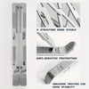 A set of aluminum laptop stands showing various angles and features like structure stability, anti-scratch protection, and en